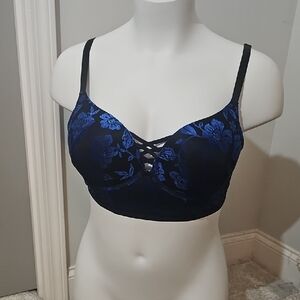 Torrid Blue Floral XO Plunge Longline Bra With Blue Velvet Floral Accents